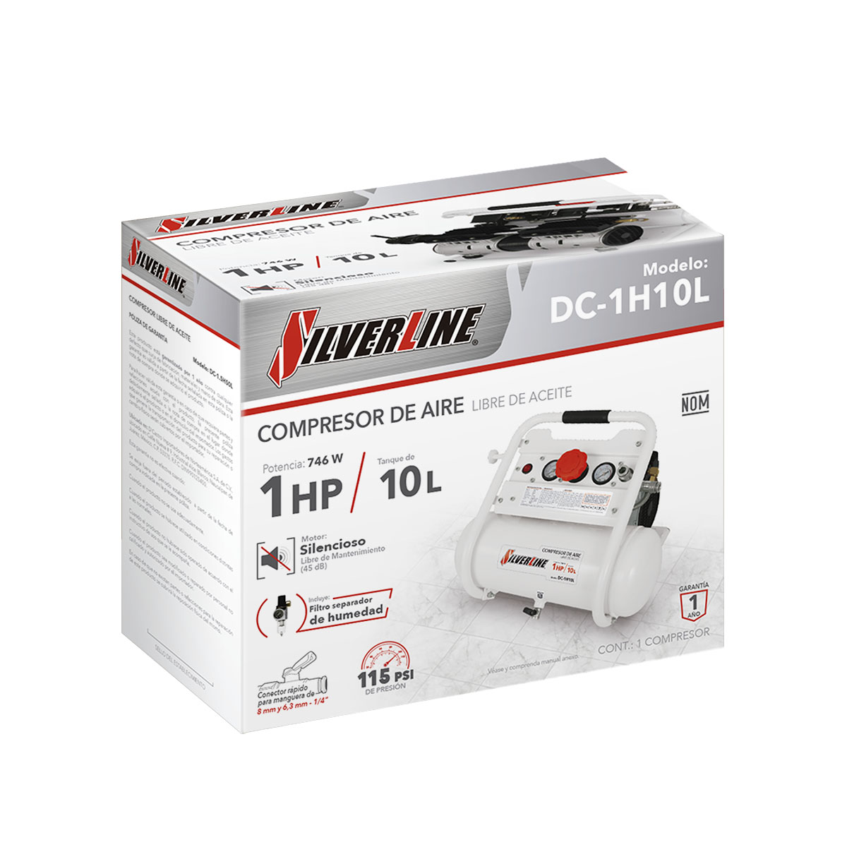 Compresor Silverline Libre de Aceite 1HP Tanque 10LT. Horizon image number null