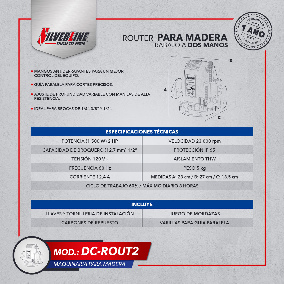 Router 2HP Silverline+ Juego de 8 Brocas image number null