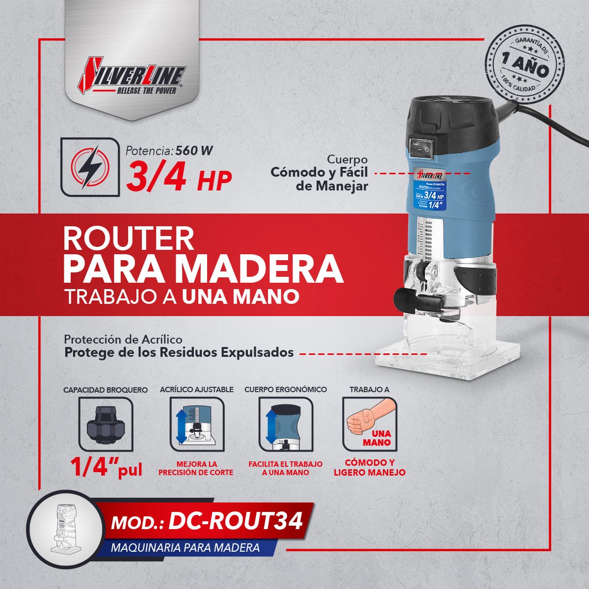 Router Silverline 3/4HP+ Juego de 5 Brocas image number null