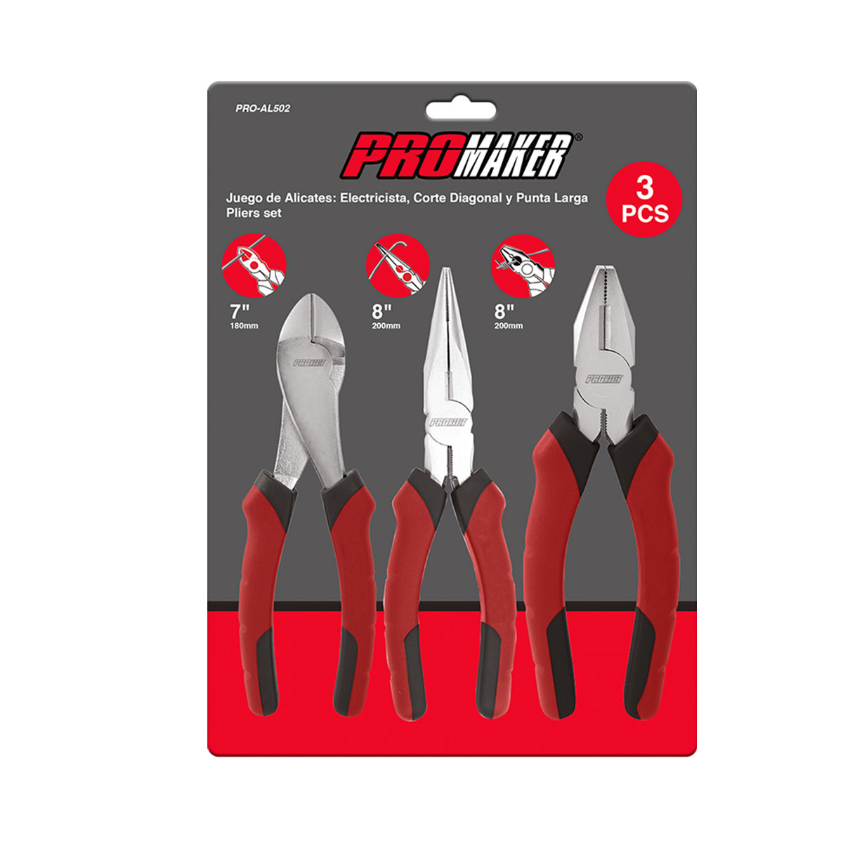 Juego de 3 Pinzas: Electricista 8" Corte Diagonal 7", Punta Larga 8" Promaker image number null
