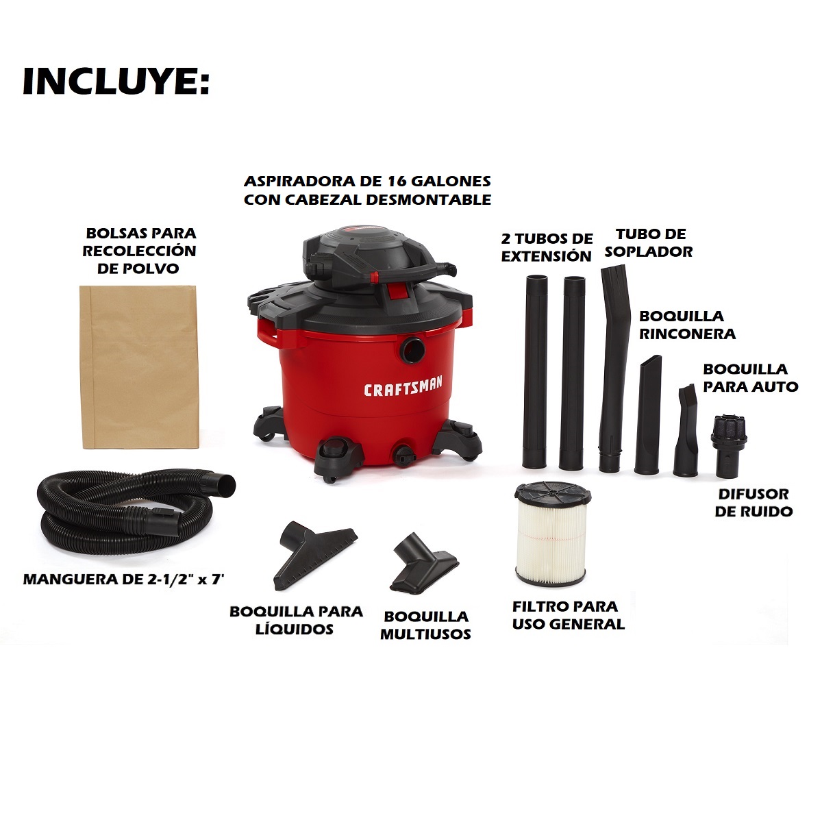 Aspiradora de 16 Galones y 6.5 HP para Seco y Mojado con Cabezal Desmontable Mod. CMXEVBE17607 Craftsman image number null